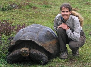 Ingrid Nixon with her ancient tortoise friend in the Galapagos Islands.